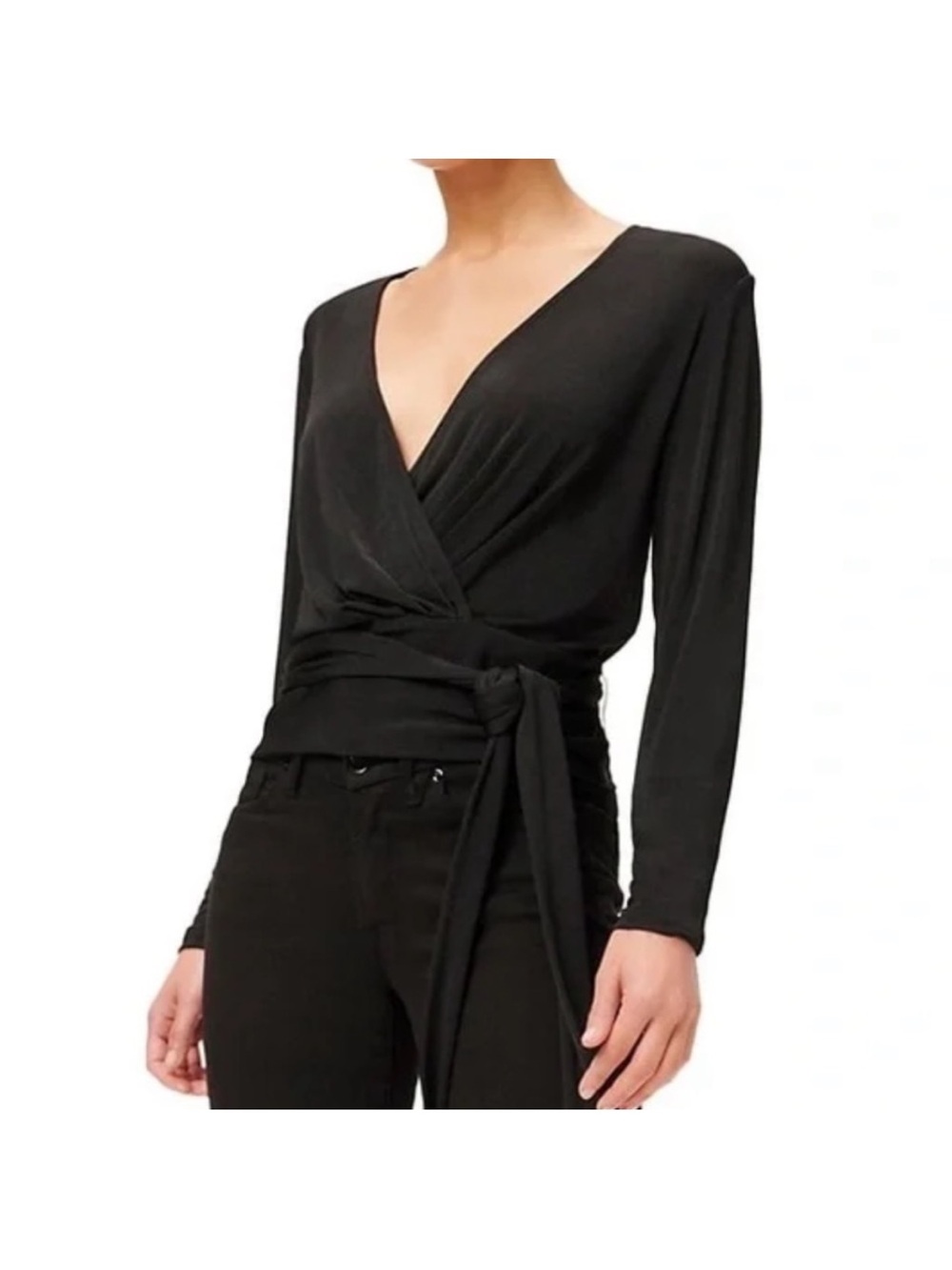 NEW Good American Black Wrap-Front Long Sleeve Top medium